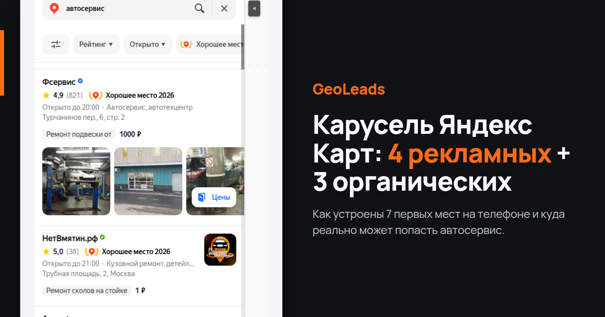 Десктопная карусель Яндекс Поиска: места 1–4 рекламные (подписка Яндекс Бизнес), места 5–7 органические
