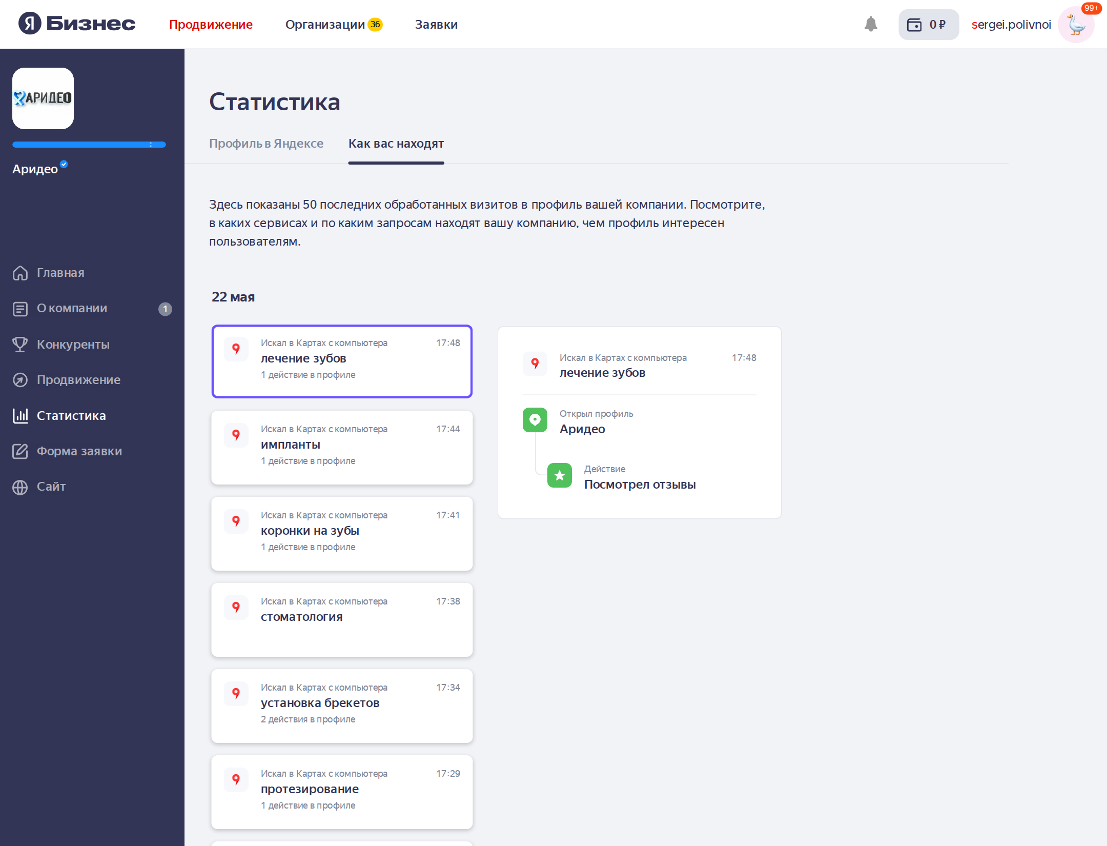 Вкладка «Как вас находят» в статистике Яндекс.Бизнес: список реальных поисковых запросов, по которым показывалась карточка — лечение зубов, импланты, коронки на зубы, стоматология, установка брекетов, протезирование