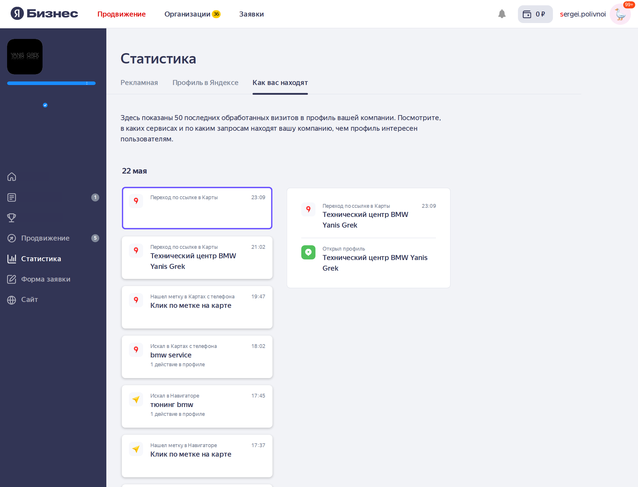 Раздел «Статистика → Как вас находят» в Яндекс.Бизнес — лента визитов в профиль: источник, поисковый запрос и действие пользователя
