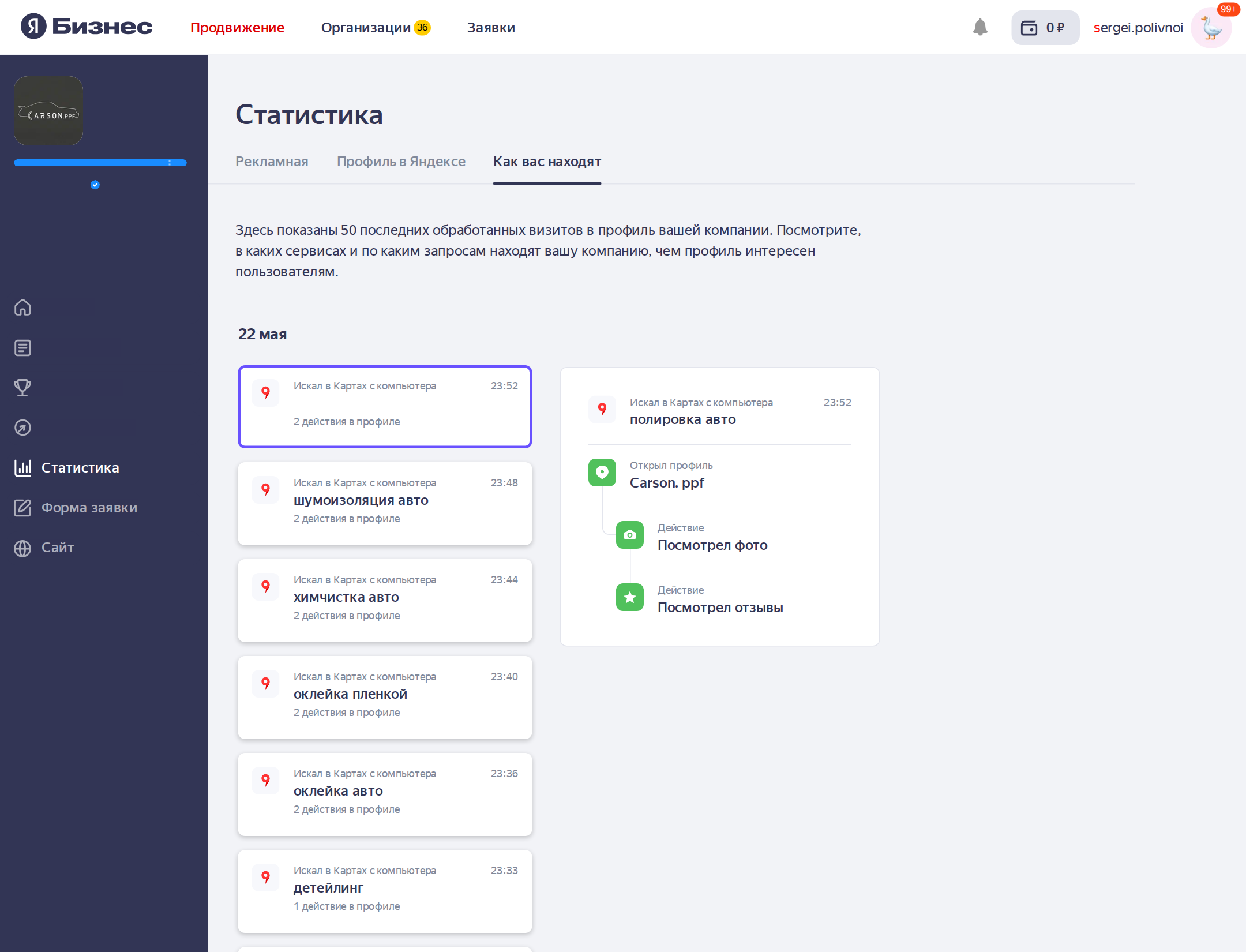 Раздел «Как вас находят» в Яндекс.Бизнес — лента визитов в профиль: источник, поисковый запрос и действие пользователя