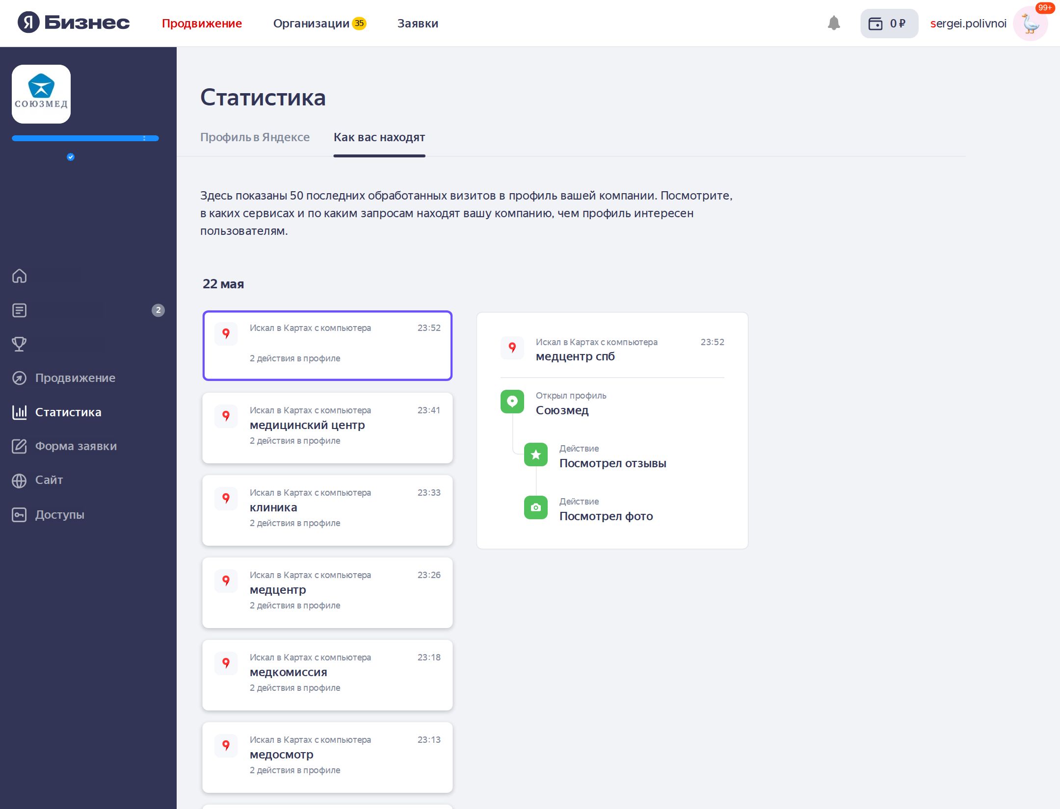 Раздел «Статистика → Как вас находят» в Яндекс.Бизнес — лента визитов в профиль: источник, поисковый запрос и действие пользователя