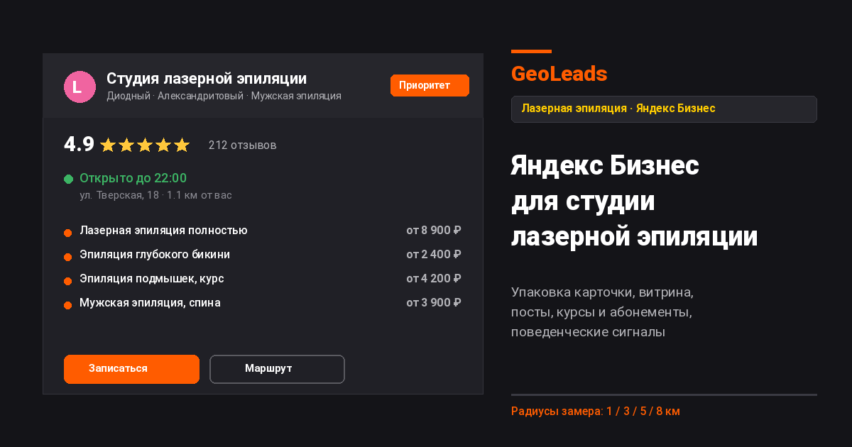 Яндекс Бизнес для студии лазерной эпиляции. Настройка карточки под диодную, александритовую эпиляцию, зоны бикини, подмышек, ног, лица, мужскую эпиляцию