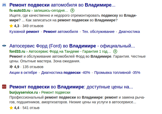 Выдача Яндекса по запросу ремонт подвески во Владимире: три сайта местных автосервисов с рейтингом, отзывами и быстрыми ссылками
